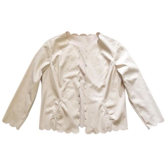 Cream Faux Leather Jacket Chic Cream Scalloped Open Blazer Soft Girl Coquette - Picture 3 of 14